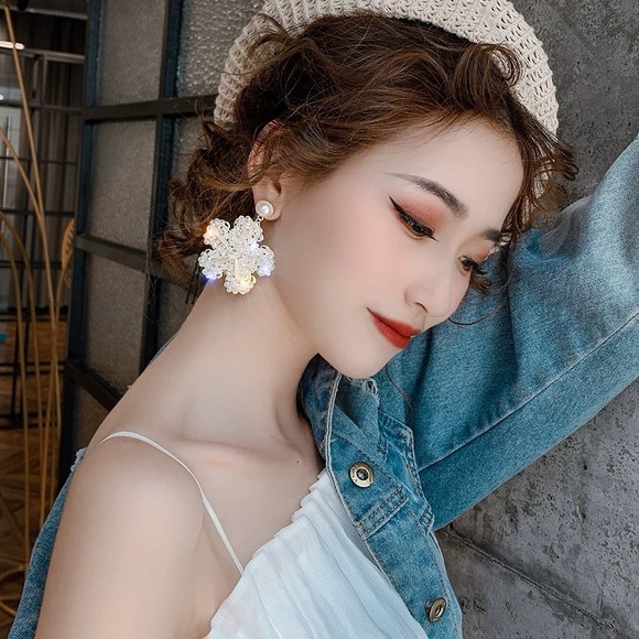 Luxury Crystal Floral Earrings Statement Pearl Studs Elegant Dangle‎ Jewelry New - Picture 1 of 6